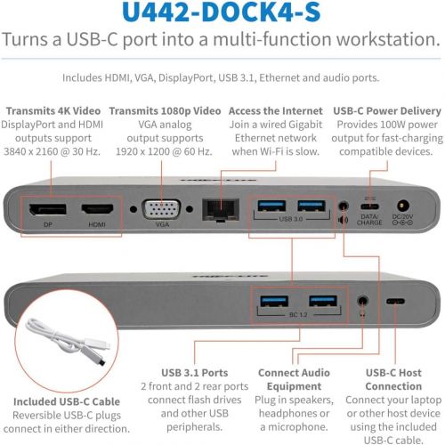  Tripp Lite USB C Docking Station w USB-A Hub, USB Type C, HDMI, VGA, DP, Gbe Gigabit Ethernet PD Charging 4K@ 30Hz, Portable, Thunderbolt 3 Silver (U442-DOCK4-S)