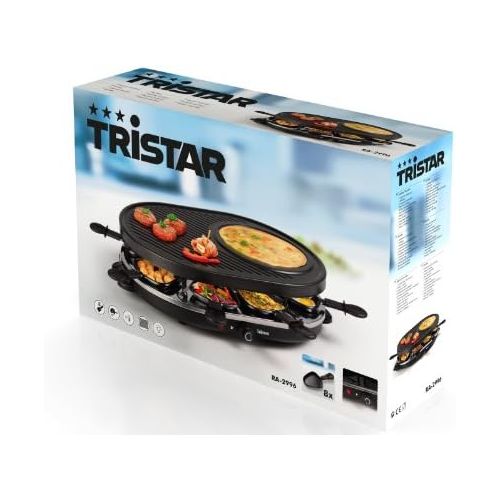  Tristar Raclette fuer bis zu acht Personen  Grillplatte mit Crepe-Forme und 8 Pfannchen, RA-2996