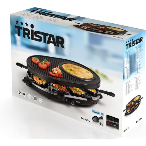  Tristar Raclette fuer bis zu acht Personen  Grillplatte mit Crepe-Forme und 8 Pfannchen, RA-2996