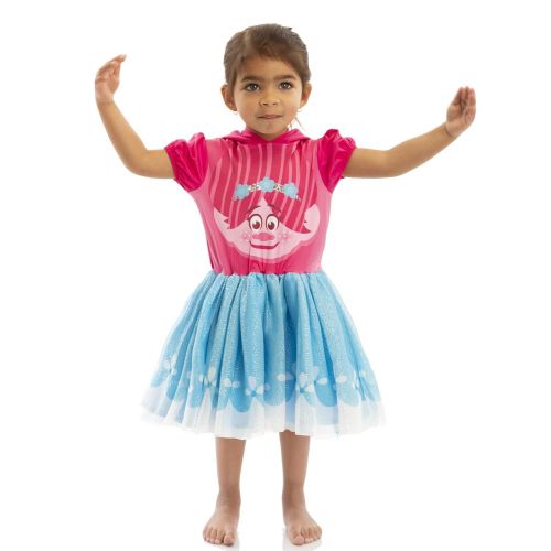  Trolls Poppy Toddler Girls Costume Dress with Hood and Fur Hair, Pink and Blue