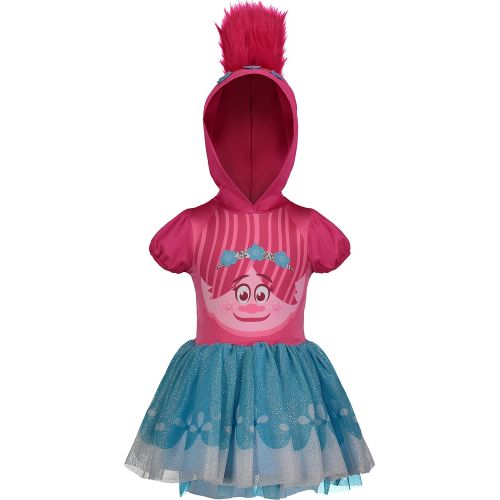  Trolls Poppy Toddler Girls Costume Dress with Hood and Fur Hair, Pink and Blue