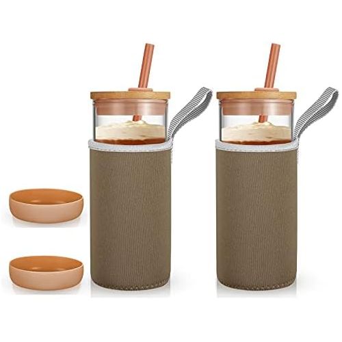  [아마존베스트]Tronco 20oz Glass Tumbler Glass Water Bottle Straw Silicone Pedestal Sleeve Bamboo Lid With Removeable Soft Insulator Sleeve - BPA Free