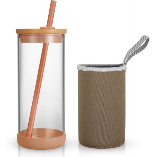  [아마존베스트]Tronco 20oz Glass Tumbler Glass Water Bottle Straw Silicone Pedestal Sleeve Bamboo Lid With Removeable Soft Insulator Sleeve - BPA Free