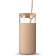 [아마존베스트]Tronco 20oz Glass Tumbler Glass Water Bottle Straw Silicone Protective Sleeve Bamboo Lid - BPA Free (Amber)