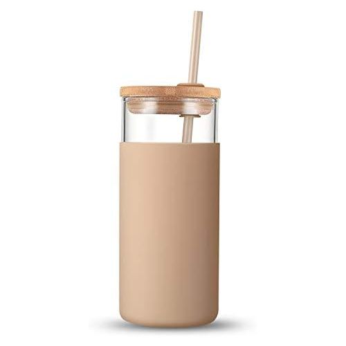  [아마존베스트]Tronco 20oz Glass Tumbler Glass Water Bottle Straw Silicone Protective Sleeve Bamboo Lid - BPA Free (Amber)