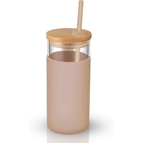  [아마존베스트]Tronco 20oz Glass Tumbler Glass Water Bottle Straw Silicone Protective Sleeve Bamboo Lid - BPA Free (Amber)