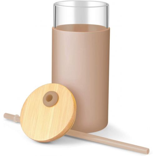  [아마존베스트]Tronco 20oz Glass Tumbler Glass Water Bottle Straw Silicone Protective Sleeve Bamboo Lid - BPA Free (Amber)