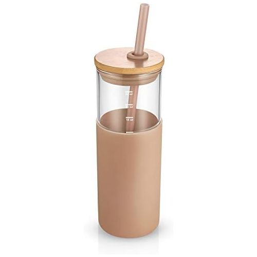  [아마존베스트]Tronco 24oz Glass Tumbler Glass Water Bottle Straw Silicone Protective Sleeve Bamboo Lid - BPA Free