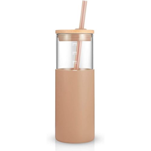  [아마존베스트]Tronco 24oz Glass Tumbler Glass Water Bottle Straw Silicone Protective Sleeve Bamboo Lid - BPA Free