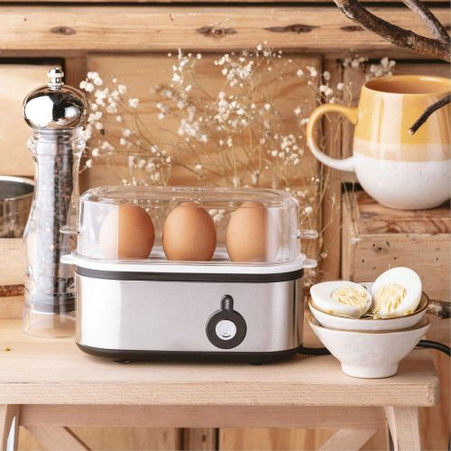  [아마존베스트]TronicXL Small Design Egg Cooker Stainless Steel for 3 Eggs Slim Flat Small Compact Metal Silver