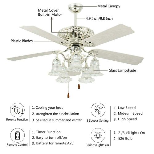  Tropical Fan White Ceiling Fan With Remote Control 5 Glass Light Cover Indoor Home Decoration Living Room Dinner Room Quiet Fans Chandelier 5 Plastic Reversible Blades 52 Inch,Tropicalfan