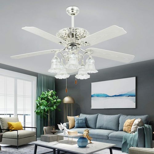  Tropical Fan White Ceiling Fan With Remote Control 5 Glass Light Cover Indoor Home Decoration Living Room Dinner Room Quiet Fans Chandelier 5 Plastic Reversible Blades 52 Inch,Tropicalfan