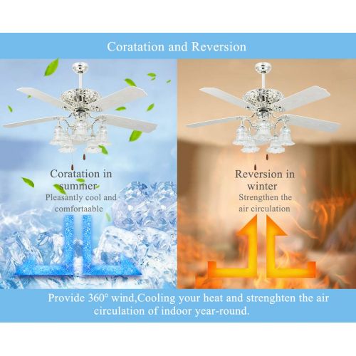  Tropical Fan White Ceiling Fan With Remote Control 5 Glass Light Cover Indoor Home Decoration Living Room Dinner Room Quiet Fans Chandelier 5 Plastic Reversible Blades 52 Inch,Tropicalfan