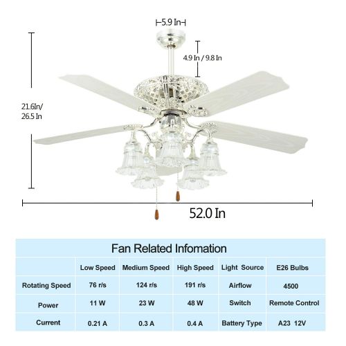  Tropical Fan White Ceiling Fan With Remote Control 5 Glass Light Cover Indoor Home Decoration Living Room Dinner Room Quiet Fans Chandelier 5 Plastic Reversible Blades 52 Inch,Tropicalfan