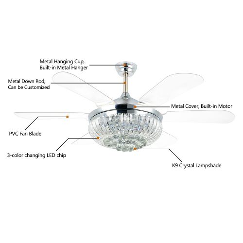  Crystal Modern Ceiling Fan With 6 Invisible Blades Remote Control 3 Changing Led Light 52 Inch For Indoor Home Decoration Living Room Bedroom Restaurant Chrome,Tropicalfan