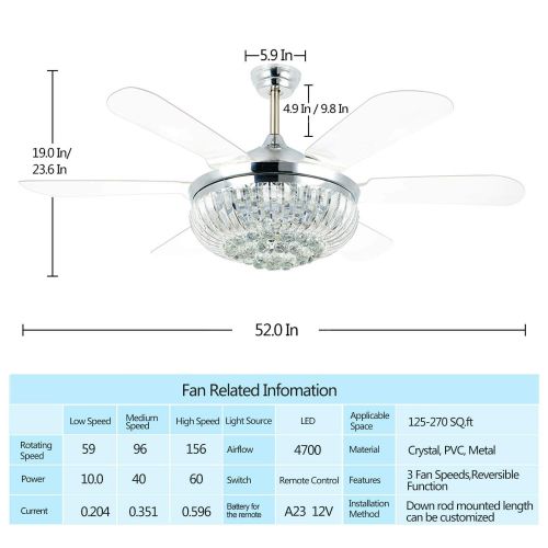  Crystal Modern Ceiling Fan With 6 Invisible Blades Remote Control 3 Changing Led Light 52 Inch For Indoor Home Decoration Living Room Bedroom Restaurant Chrome,Tropicalfan