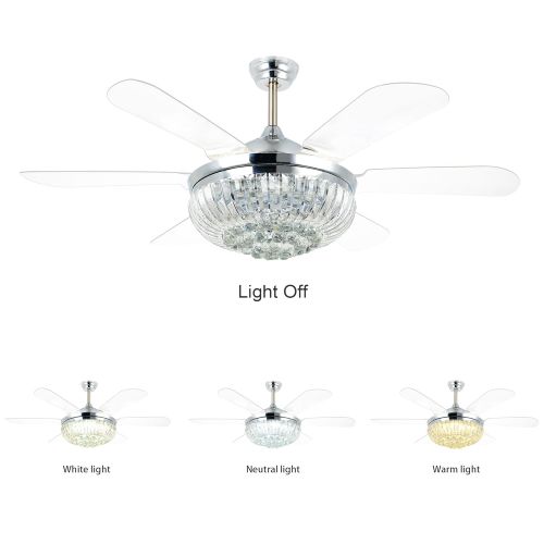  Crystal Modern Ceiling Fan With 6 Invisible Blades Remote Control 3 Changing Led Light 52 Inch For Indoor Home Decoration Living Room Bedroom Restaurant Chrome,Tropicalfan