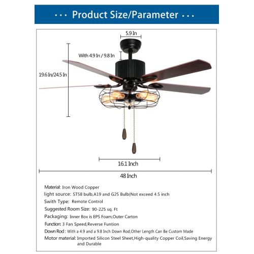  48 Inch Industrial Ceiling Fan With Cage Lights Remote Control 5 Reversible Wood Quiet Fans Chandelier For Vintage Living Room Bar Brown,Tropicalfan