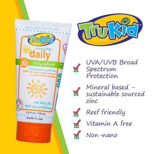  TruKid Sunny Days Daily SPF 30+ UVA/UVB Reef Safe Sunscreen Lotion, Mineral Based, Safe for Face and Body 3.5 oz