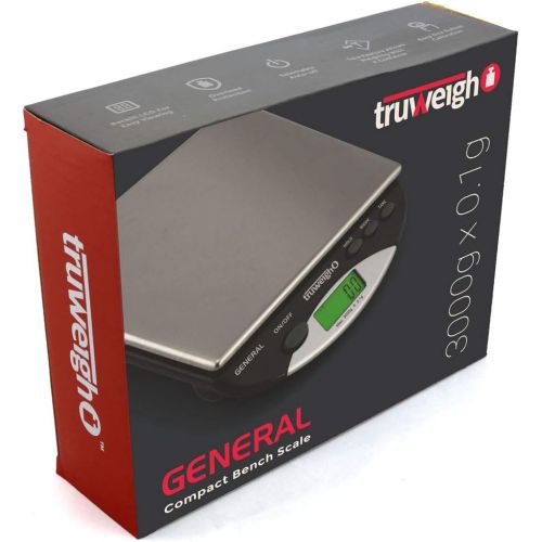  [아마존베스트]Truweigh General Compact Bench Scale - (3000g X 0.1g - Black) - Digital Kitchen Scale - Shipping Scale - Large Kitchen Scale - Digital Postal Scale - Large Food Scale - Professiona