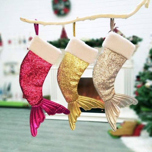  Tsorryen Christmas Sequins Fishtail Stockings Sock Decoration Fireplace Xmas Tree Hanging