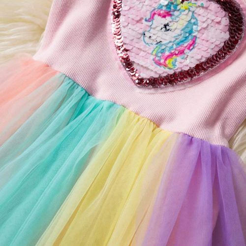  Tsyllyp Girl Adorable Unicorn Dress Long Sleeve Rainbow Tutu Party Dresses