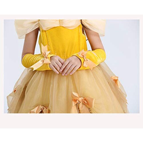  Tsyllyp Girls Princess Belle Costume Dress Up Yellow Gowns with Gloves for Christmas Party
