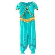 Tsyllyp Girls One Piece Princess Jasmine Dress Up Aladdin Halloween Costumes Party Bodysuit Light Blue