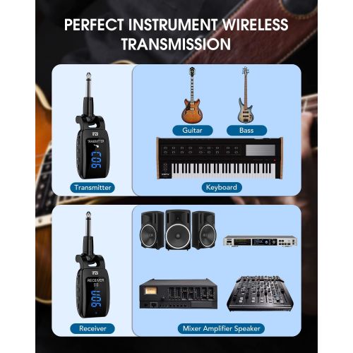  [아마존베스트]Ttstar UHF Wireless Guitar Transmission System Rechargeable 15 Channels Upgrated Audio Transmitter Receiver for Electric Guitar Bass Keyboard with Stereo Jack Cable Adapter