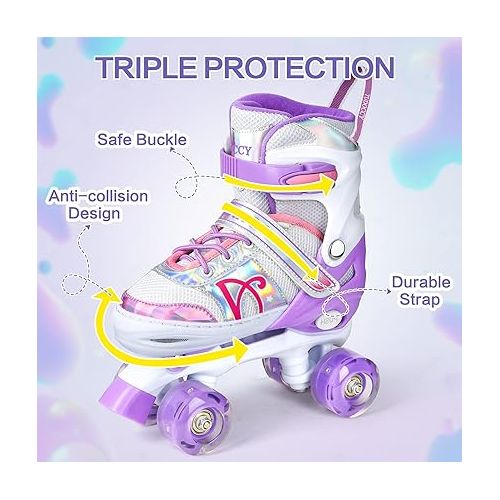  Roller Skates for Kids, Shine Skates 4 Size Adjustable Roller Skates with Light up Wheels for Girls, Teens, Outdoor Rollerskates for Beginners & Advanced | Purple, S - J10-J13, M - J13-3, L - 3-6