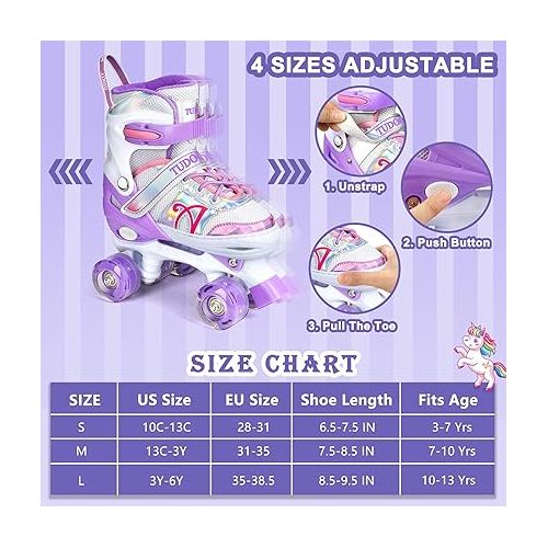  Roller Skates for Kids, Shine Skates 4 Size Adjustable Roller Skates with Light up Wheels for Girls, Teens, Outdoor Rollerskates for Beginners & Advanced | Purple, S - J10-J13, M - J13-3, L - 3-6