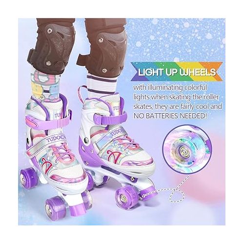  Roller Skates for Kids, Shine Skates 4 Size Adjustable Roller Skates with Light up Wheels for Girls, Teens, Outdoor Rollerskates for Beginners & Advanced | Purple, S - J10-J13, M - J13-3, L - 3-6