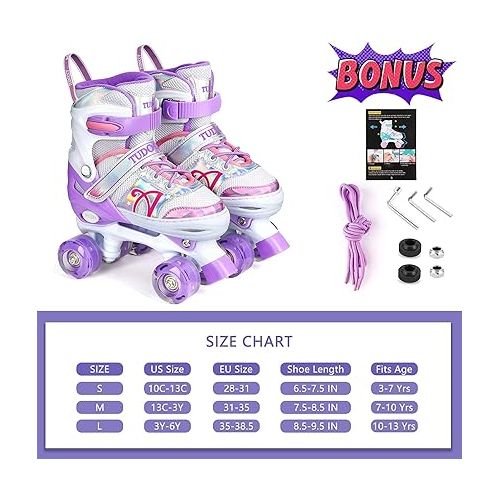  Roller Skates for Kids, Shine Skates 4 Size Adjustable Roller Skates with Light up Wheels for Girls, Teens, Outdoor Rollerskates for Beginners & Advanced | Purple, S - J10-J13, M - J13-3, L - 3-6