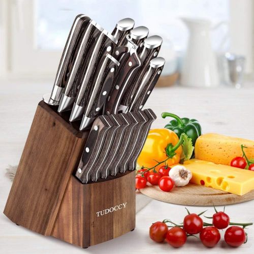  Tudoccy Kitchen Knife Set, 16-Piece Knife Set with Built-in Sharpener and Wooden Block, Precious Wengewood Handle for Chef Knife Set, German Stainless Steel Knife Block Set, Ultra Sharp Fu