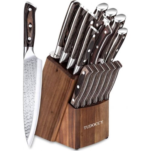  Tudoccy Kitchen Knife Set, 16-Piece Knife Set with Built-in Sharpener and Wooden Block, Precious Wengewood Handle for Chef Knife Set, German Stainless Steel Knife Block Set, Ultra Sharp Fu