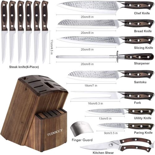  Tudoccy Kitchen Knife Set, 16-Piece Knife Set with Built-in Sharpener and Wooden Block, Precious Wengewood Handle for Chef Knife Set, German Stainless Steel Knife Block Set, Ultra Sharp Fu