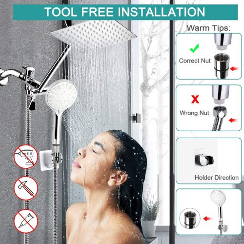  Tudoccy Shower Head, 8 High Pressure Rainfall Shower Head/Handheld Shower Combo with 11 Extension Arm, 9 Settings Adjustable Anti-leak Shower Head with Holder, Height/Angle Adjustable, 1.5