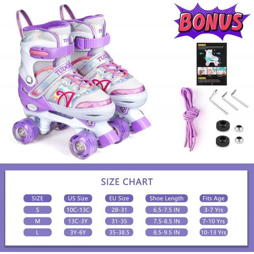  Tudoccy Roller Skates for Kids, Shine Skates 4 Size Adjustable Roller Skates with Light up Wheels for Girls, Teens, Outdoor Rollerskates for Beginners & Advanced Purple, S - J10-J13, M - J