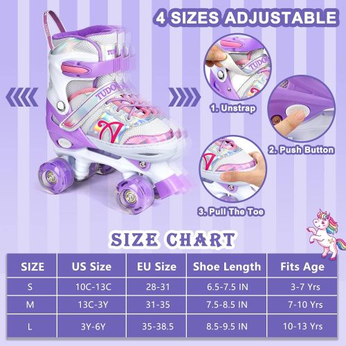  Tudoccy Roller Skates for Kids, Shine Skates 4 Size Adjustable Roller Skates with Light up Wheels for Girls, Teens, Outdoor Rollerskates for Beginners & Advanced Purple, S - J10-J13, M - J