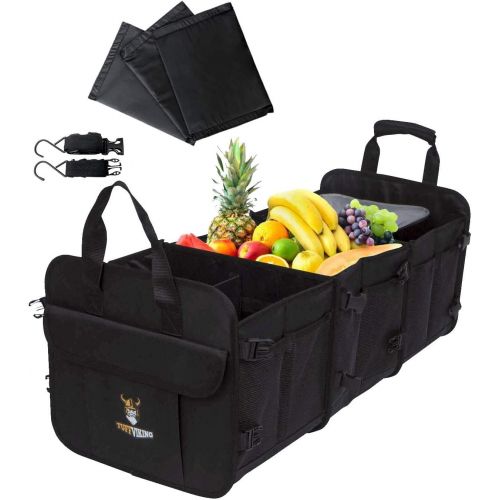  Tuff Viking Convertible Large Trunk Organizer with Built-in Insulated Leakproof Cooler Bag - 3 Compartments (4-in-1, Black)