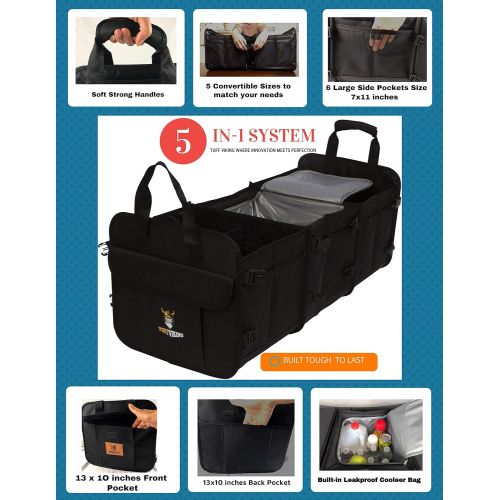  Tuff Viking Convertible Large Trunk Organizer with Built-in Insulated Leakproof Cooler Bag - 3 Compartments (4-in-1, Black)