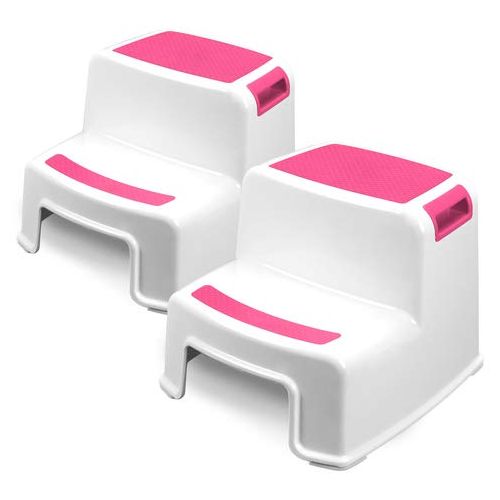  Tundras Two Step Kids Step Stools - 2 Pack, Pink - Child, Toddler Safety Steps for Bathroom, Kitchen and Toilet Potty Training - Non Slip Feet, Textured Friction Grip, Carrying Handle, Sta