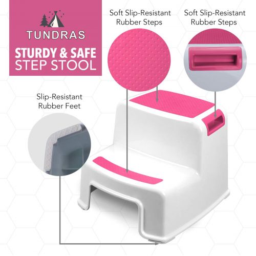  Tundras Two Step Kids Step Stools - 2 Pack, Pink - Child, Toddler Safety Steps for Bathroom, Kitchen and Toilet Potty Training - Non Slip Feet, Textured Friction Grip, Carrying Handle, Sta