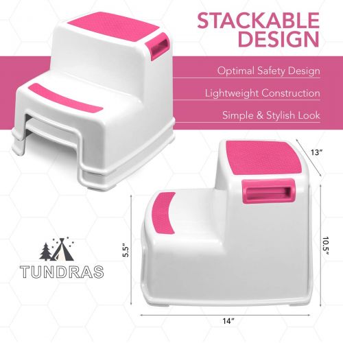  Tundras Two Step Kids Step Stools - 2 Pack, Pink - Child, Toddler Safety Steps for Bathroom, Kitchen and Toilet Potty Training - Non Slip Feet, Textured Friction Grip, Carrying Handle, Sta