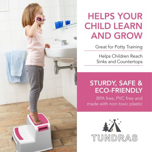  Tundras Two Step Kids Step Stools - 2 Pack, Pink - Child, Toddler Safety Steps for Bathroom, Kitchen and Toilet Potty Training - Non Slip Feet, Textured Friction Grip, Carrying Handle, Sta