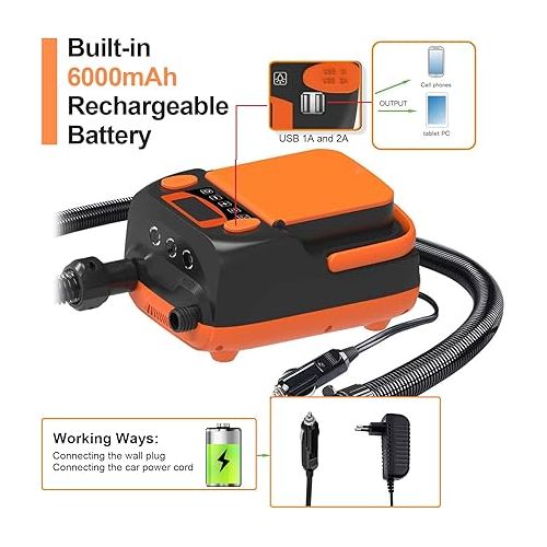  Rechargeable Sup Air Pump Electric Portable, 16PSI 12V with Battery, Stand Up Paddle Board Electric Pump Inflator/Deflator-Portable Air Compressor for Paddle Boards,Boat,Kayak