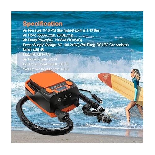  Rechargeable Sup Air Pump Electric Portable, 16PSI 12V with Battery, Stand Up Paddle Board Electric Pump Inflator/Deflator-Portable Air Compressor for Paddle Boards,Boat,Kayak