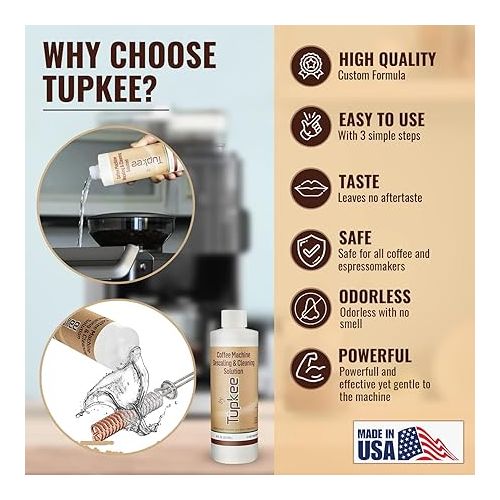  Tupkee Coffee Machine Descaling Solution - Made in the USA - 2 Uses Per Bottle - Universal Cleaning Descaler for Keurig Coffee Machines, Nespresso, Breville, Delonghi All Single Use Coffee Maker