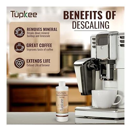  Tupkee Coffee Machine Descaling Solution - Made in the USA - 2 Uses Per Bottle - Universal Cleaning Descaler for Keurig Coffee Machines, Nespresso, Breville, Delonghi All Single Use Coffee Maker