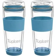 Tupkee Double Wall Glass Tumbler - 14-Ounce, All Glass Reusable Insulated Tea/Coffee Mug & Lid, Hand Blown Glass Travel Mug - Niagara - 2 Pack